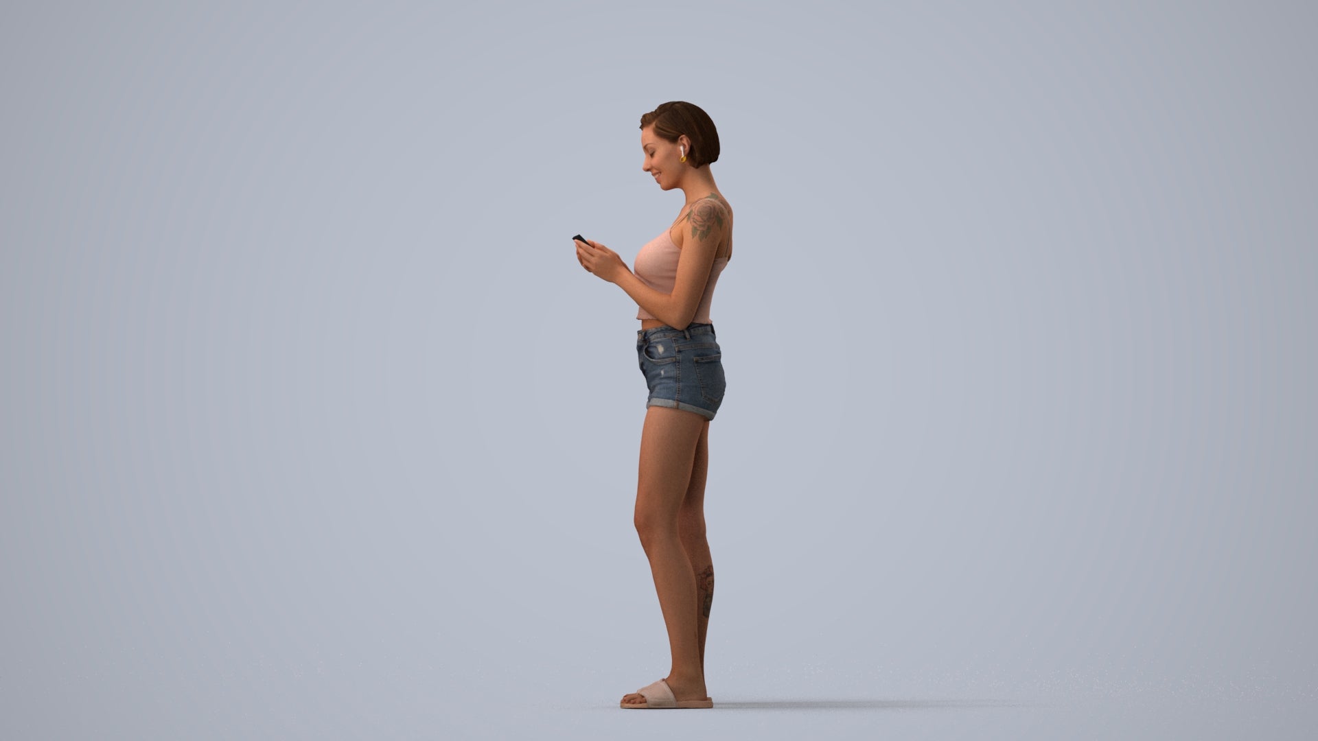 3D human model woman casual standing, photogrammetry scanned person for archviz, three-quarter view render