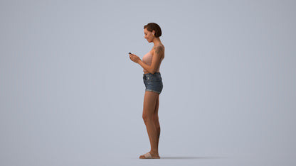 3D human model woman casual standing, photogrammetry scanned person for archviz, three-quarter view render