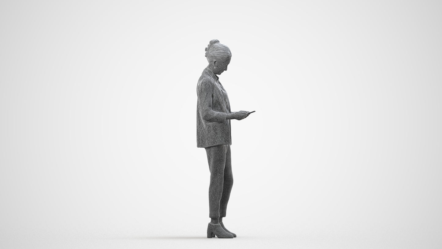 realistic 3D woman business standing, scanned archviz people for Blender and 3ds Max, wireframe side view