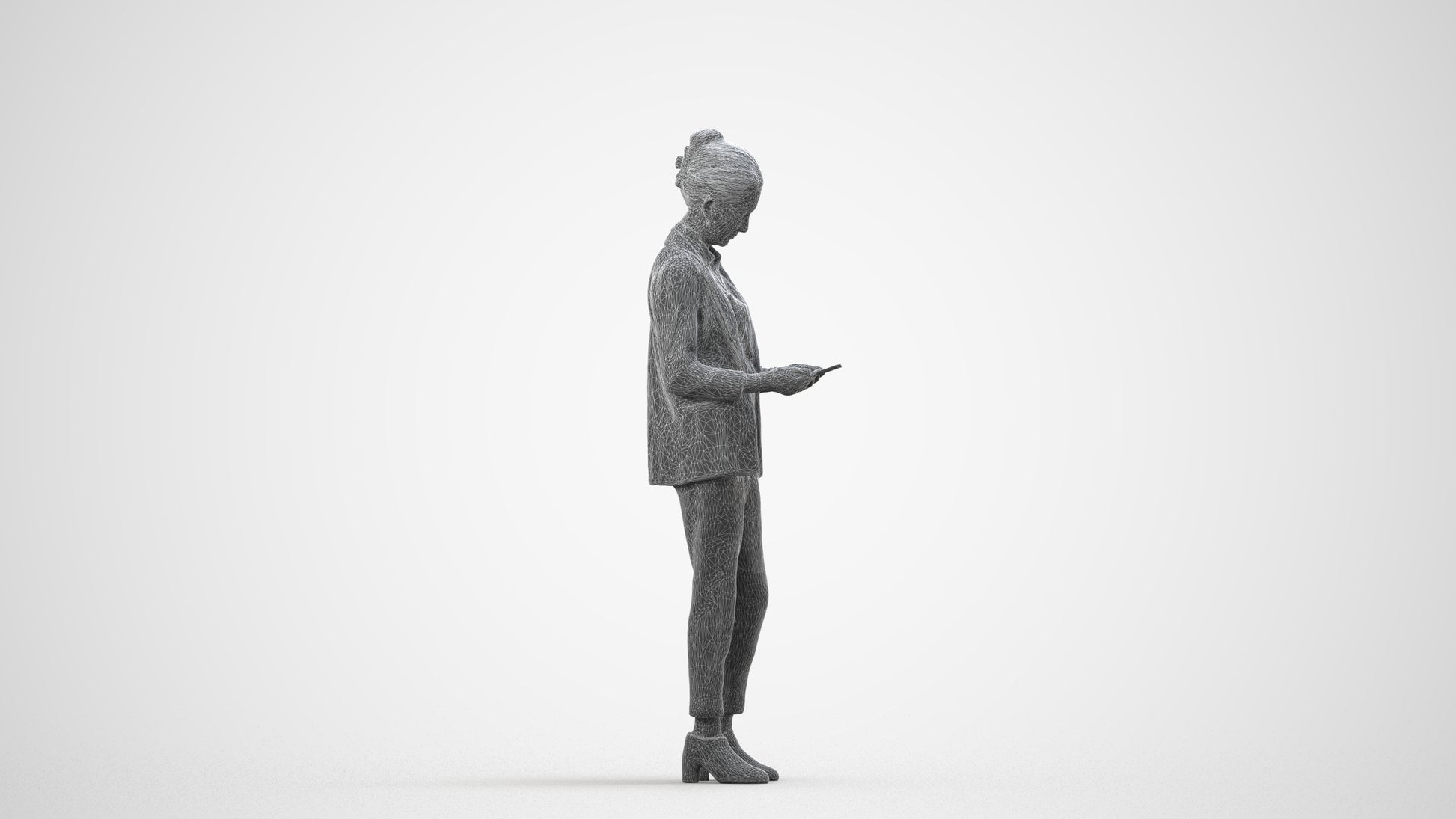 realistic 3D woman business standing, scanned archviz people for Blender and 3ds Max, wireframe side view