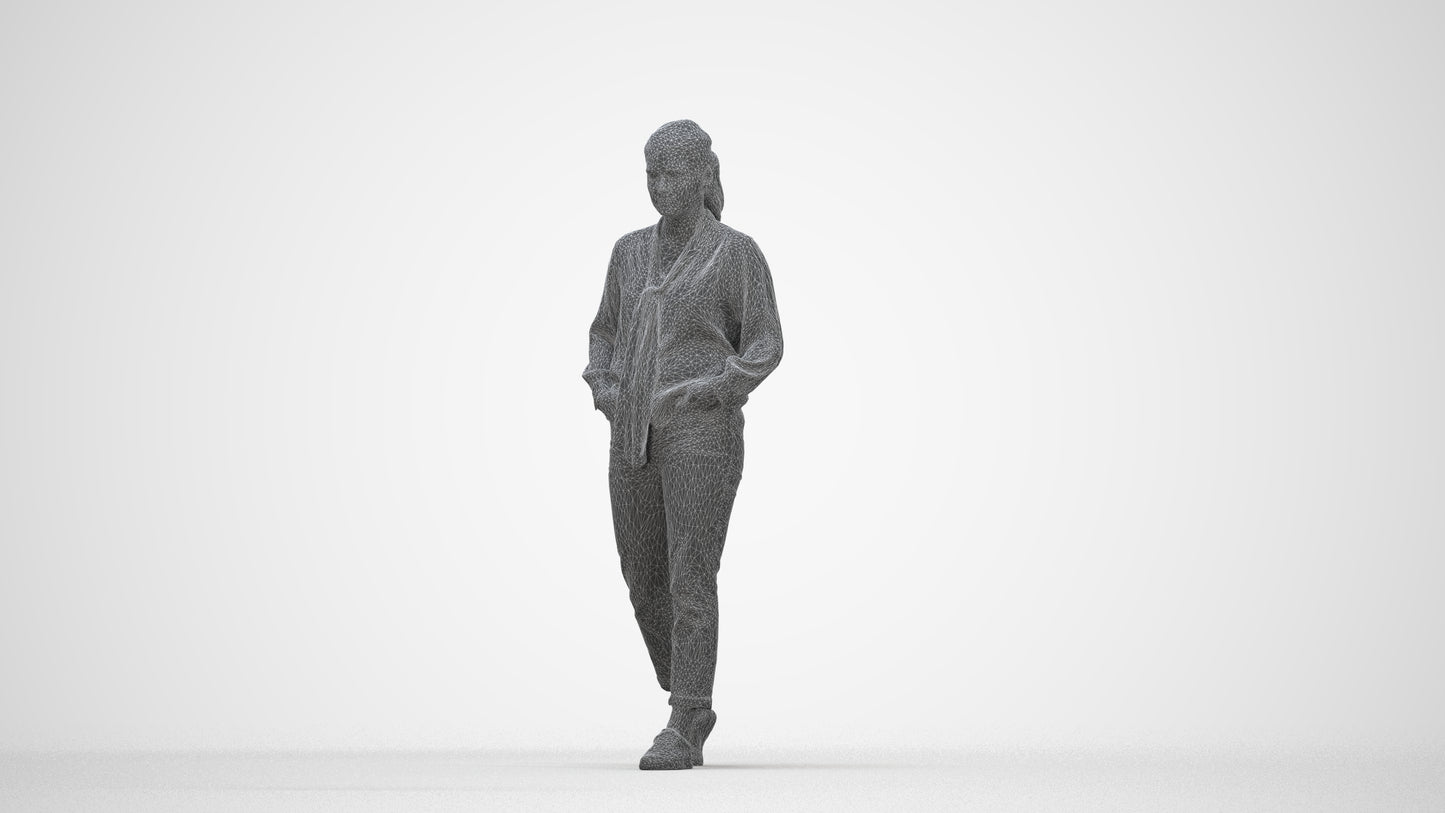 photogrammetry 3D woman casual walking, realistic human model archviz FBX, wireframe back view