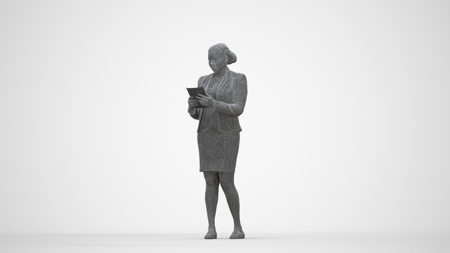 3D human model woman business standing, photogrammetry scanned person for archviz, wireframe back view