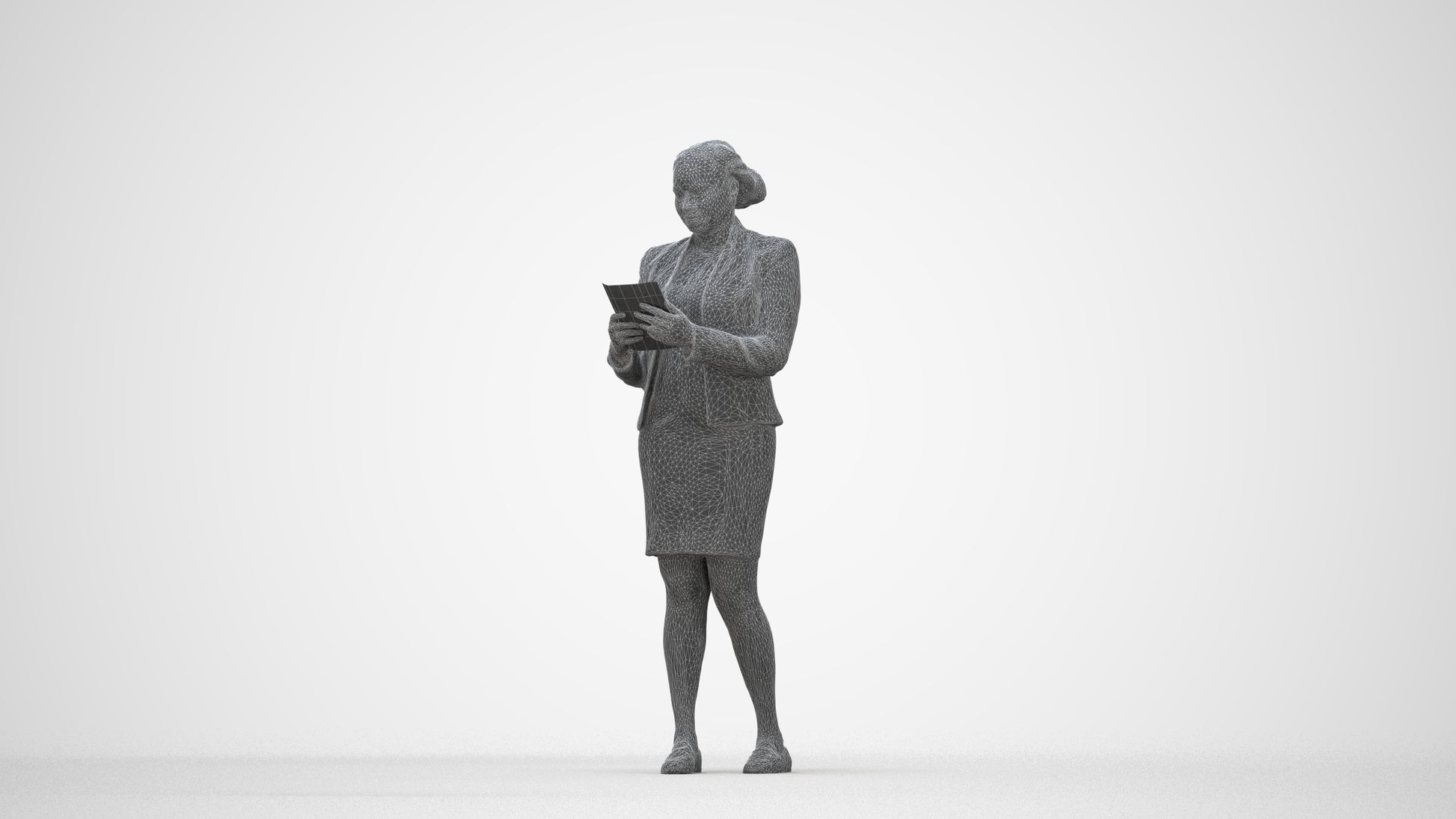 3D human model woman business standing, photogrammetry scanned person for archviz, wireframe back view