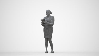3D human model woman business standing, photogrammetry scanned person for archviz, wireframe back view
