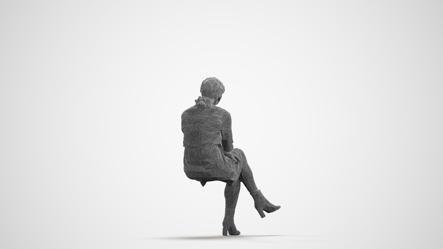3D scanned woman sitting casual, photorealistic archviz people for Enscape and SketchUp, wireframe front view