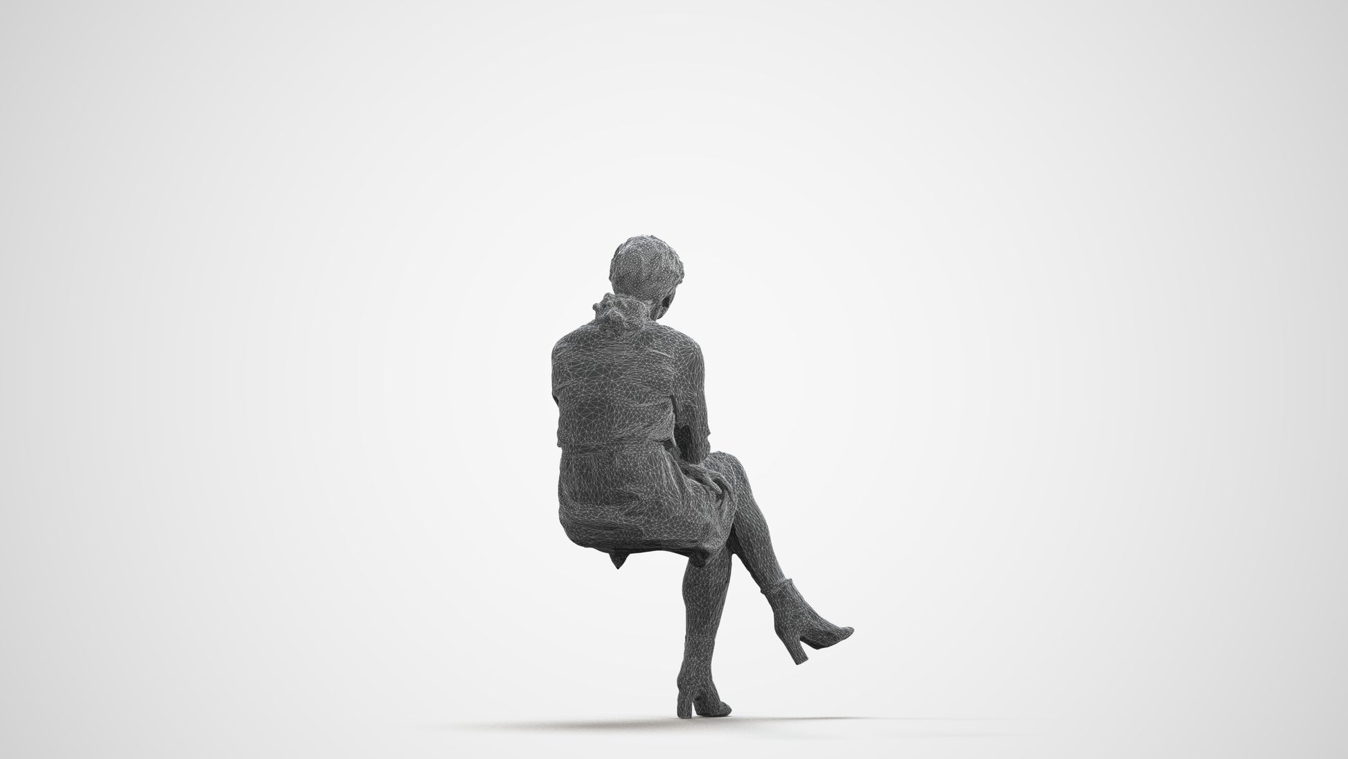 3D scanned woman sitting casual, photorealistic archviz people for Enscape and SketchUp, wireframe front view