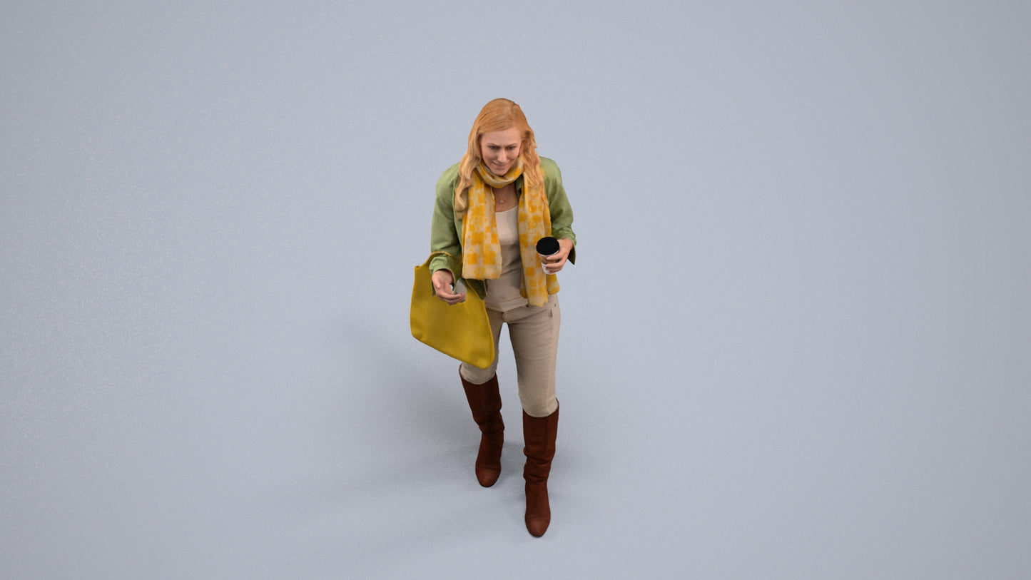 3D human model woman casual standing, photogrammetry scanned person for archviz, back view render
