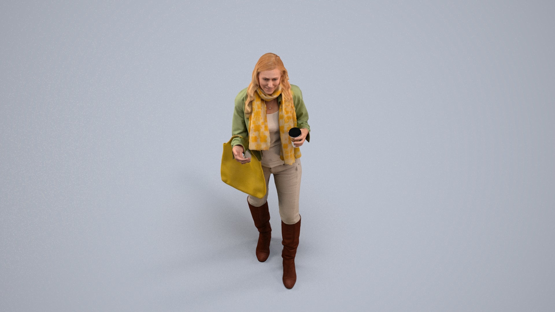 3D human model woman casual standing, photogrammetry scanned person for archviz, back view render