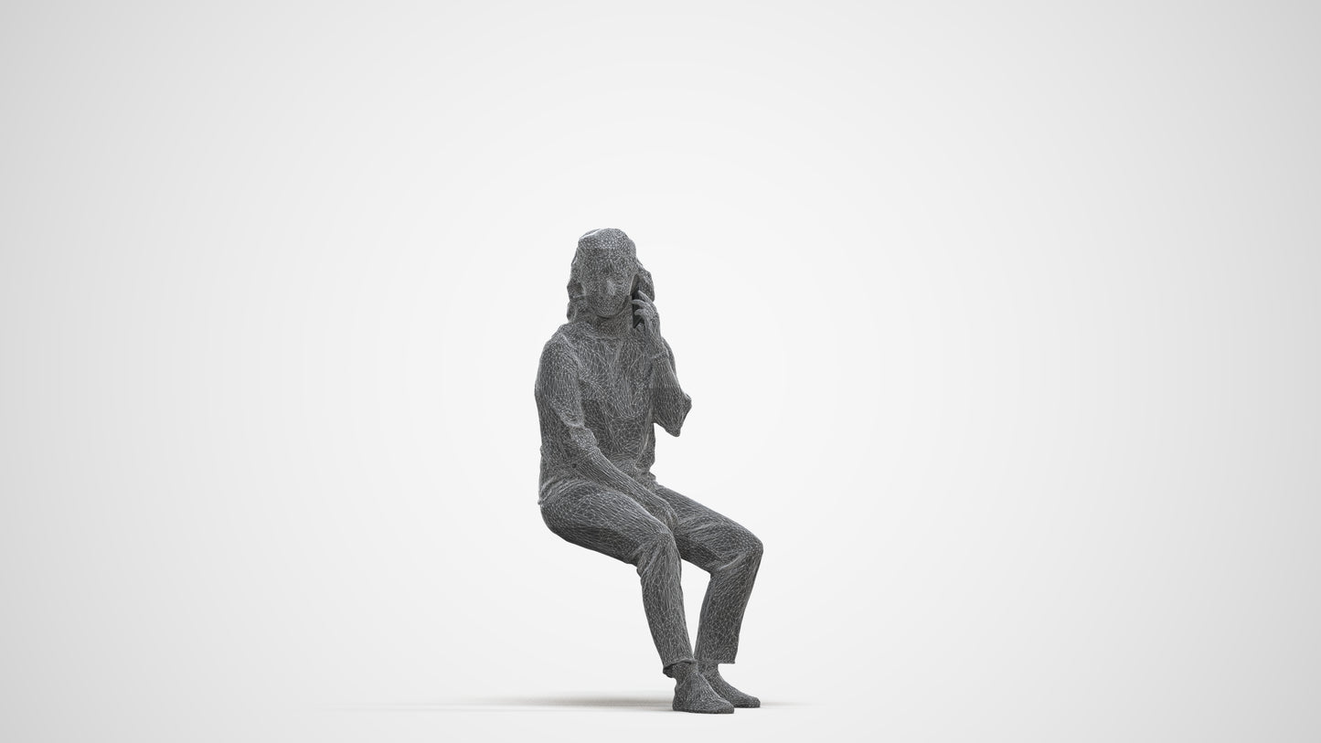 3D people model woman casual sitting, scanned human for 3ds Max rendering, three-quarter front view render