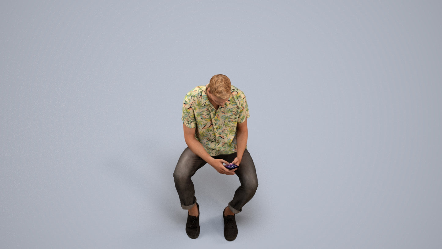 realistic 3D human man casual sitting, archviz people FBX OBJ for Blender, back view render