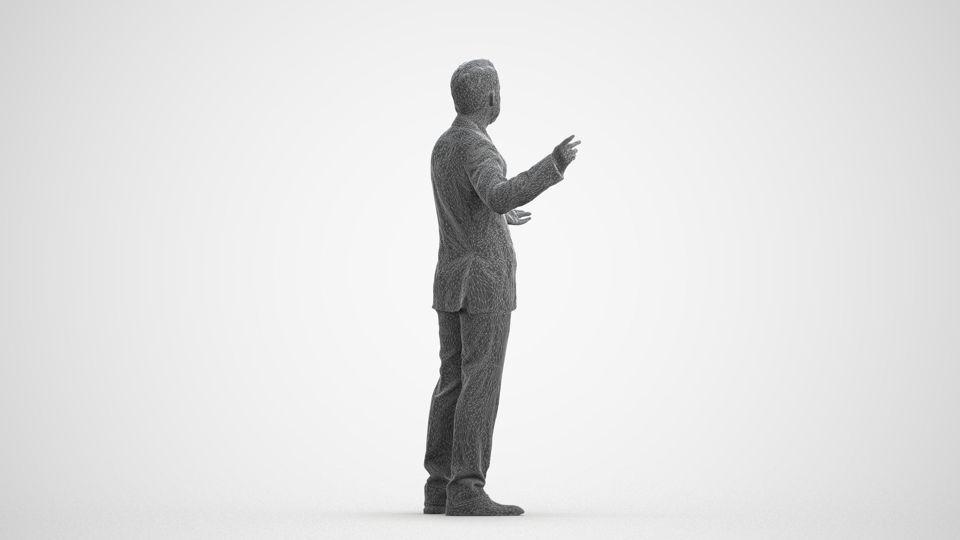3D human model man business, photogrammetry scanned person for archviz, wireframe front view