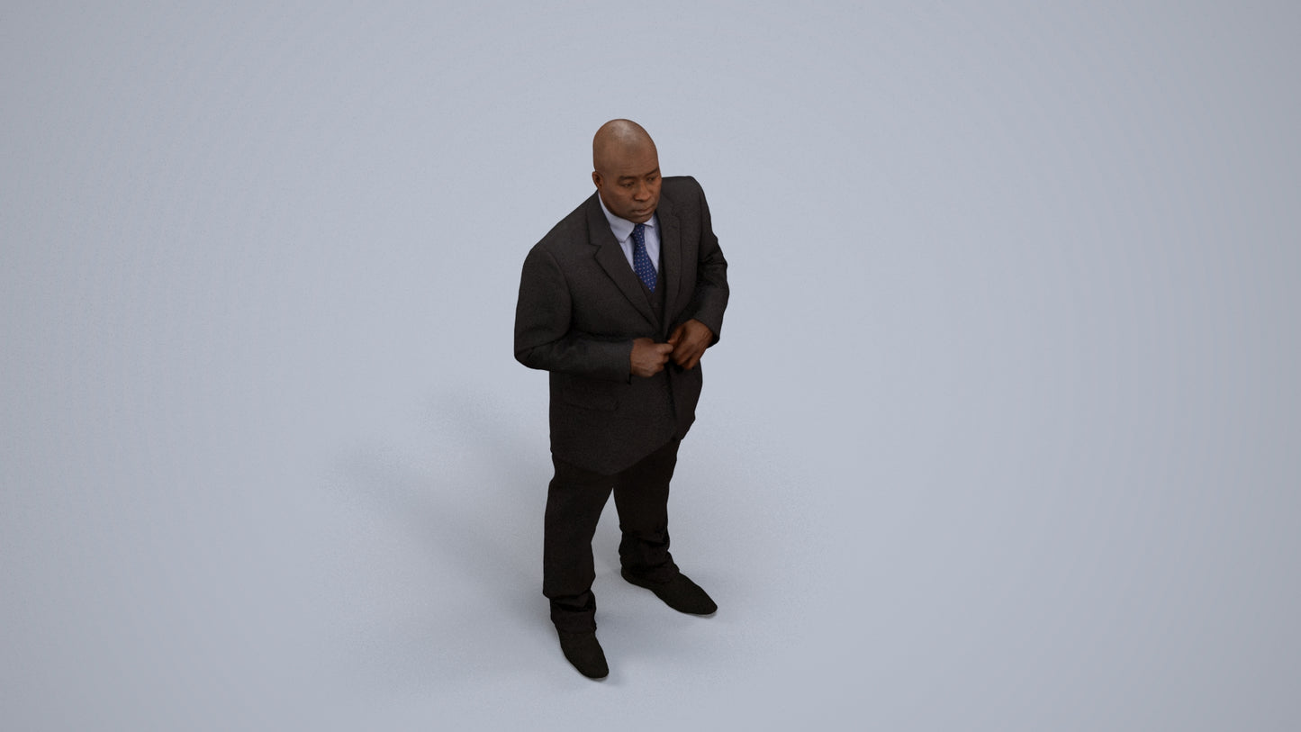 3D human model man business, photogrammetry scanned person for archviz, back view render