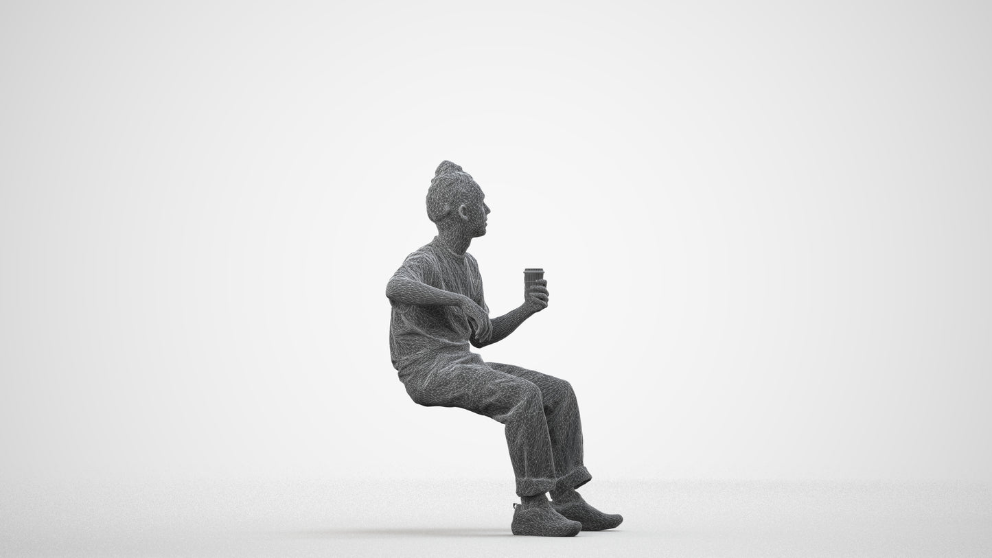 scanned 3D man casual sitting, photogrammetry people for Enscape and V-Ray, wireframe side view