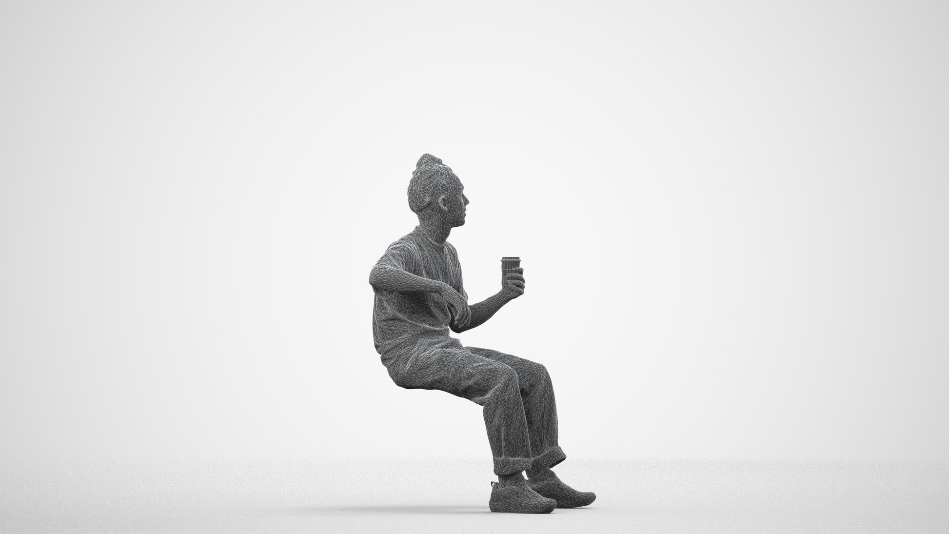 scanned 3D man casual sitting, photogrammetry people for Enscape and V-Ray, wireframe side view