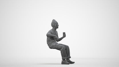 scanned 3D man casual sitting, photogrammetry people for Enscape and V-Ray, wireframe side view
