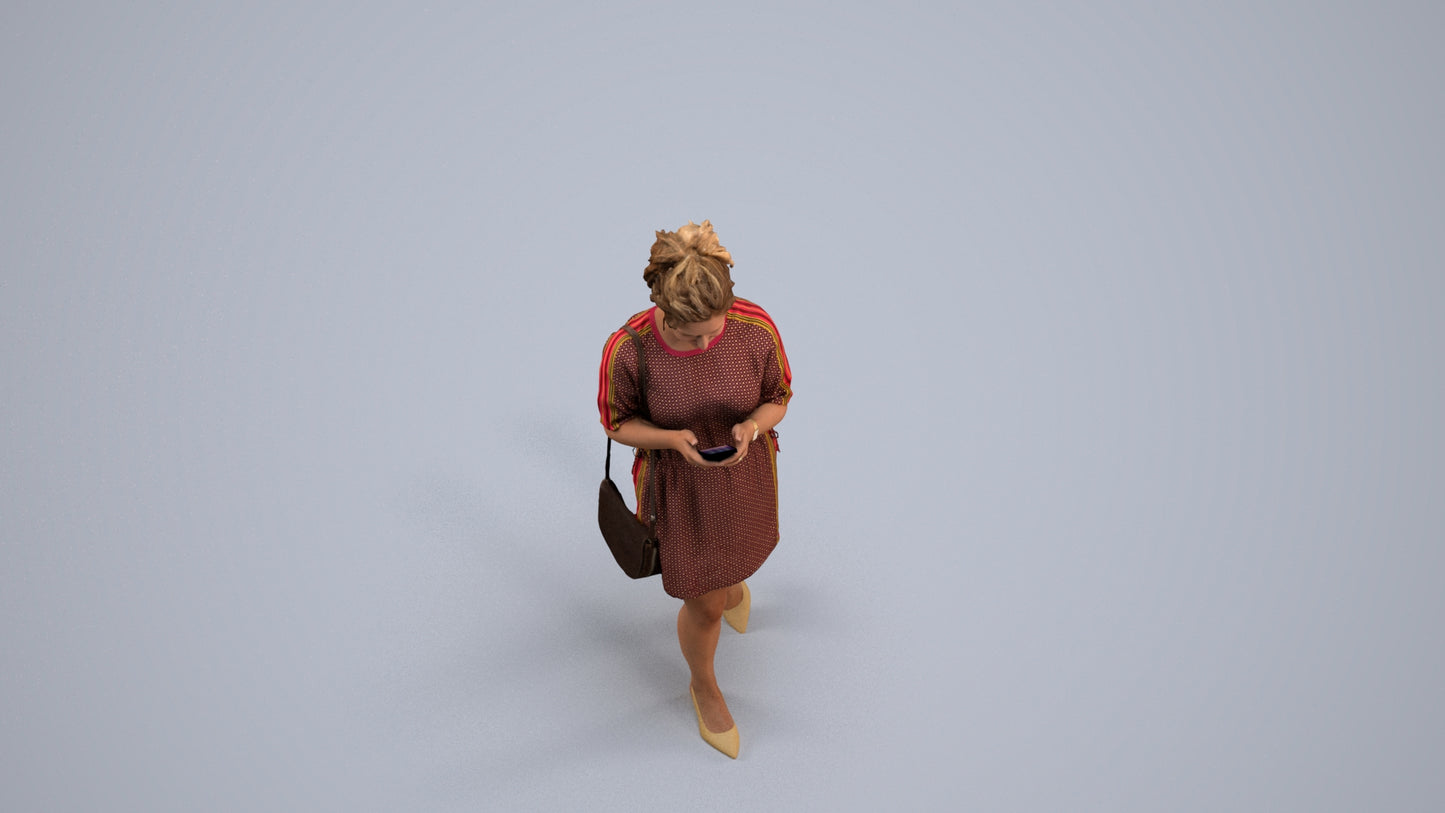 realistic 3D human woman casual walking, archviz people FBX OBJ for Blender, back view render