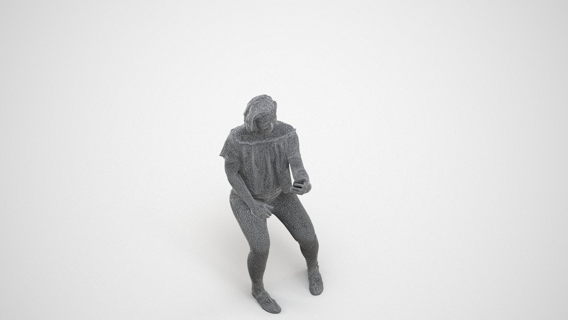realistic 3D human woman casual sitting, archviz people FBX OBJ for Blender, wireframe three-quarter view