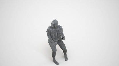realistic 3D human woman casual sitting, archviz people FBX OBJ for Blender, wireframe three-quarter view