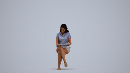 3D human model woman casual sitting, photogrammetry scanned person for archviz, standing pose render