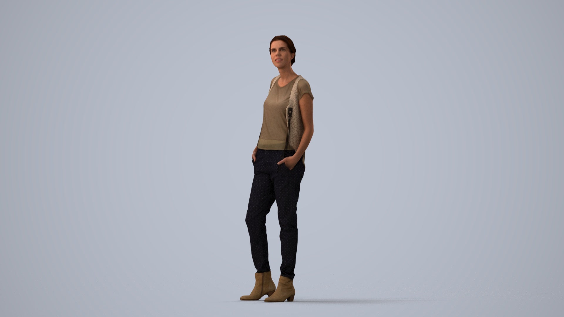 scanned 3D woman casual standing, photogrammetry people for Enscape and V-Ray, three-quarter view render
