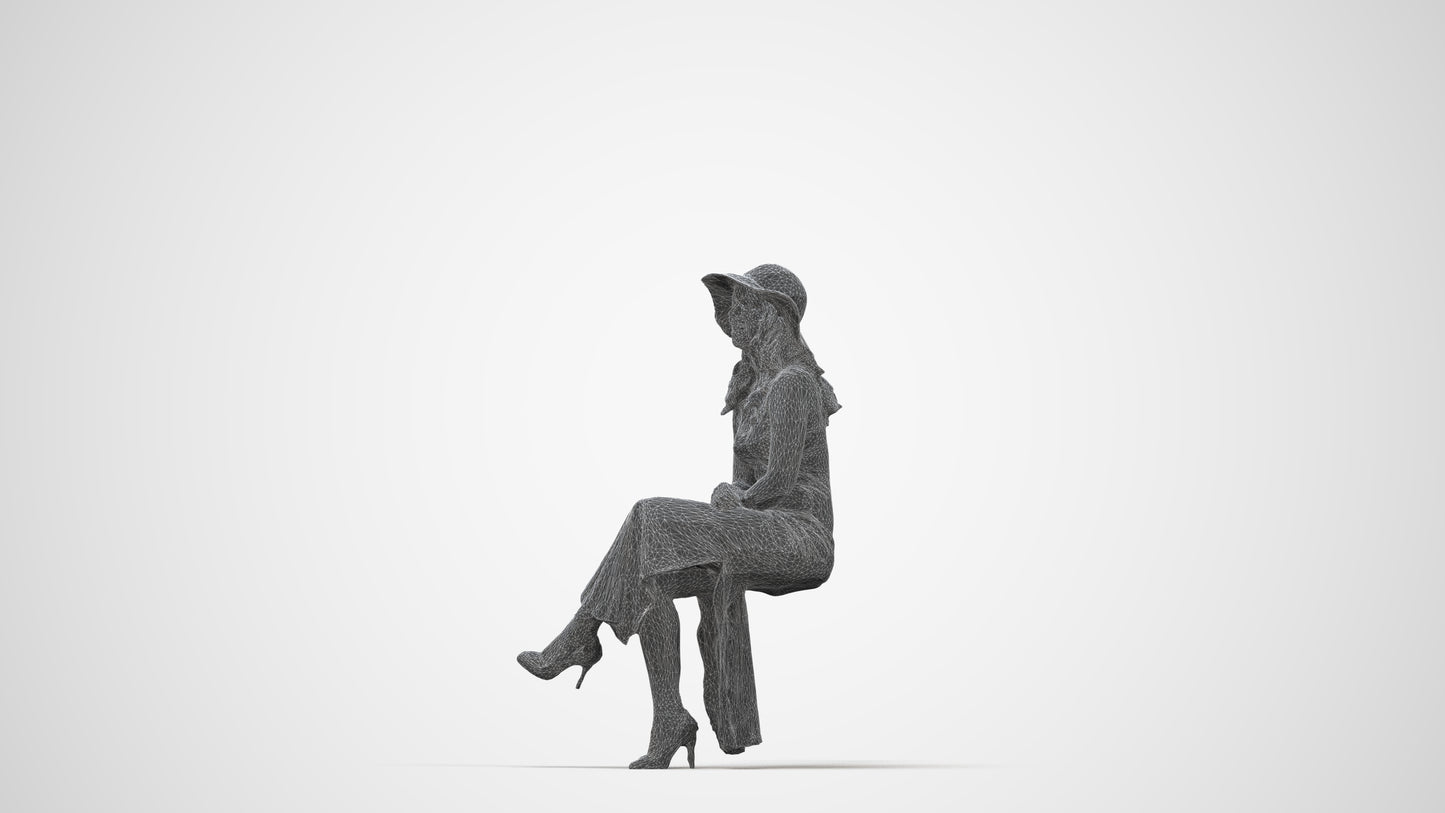 realistic 3D human woman casual sitting, archviz people FBX OBJ for Blender, wireframe back view