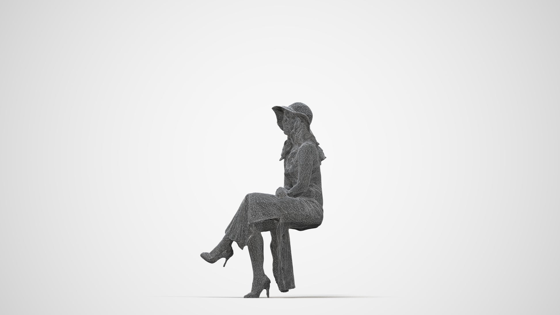 realistic 3D human woman casual sitting, archviz people FBX OBJ for Blender, wireframe back view