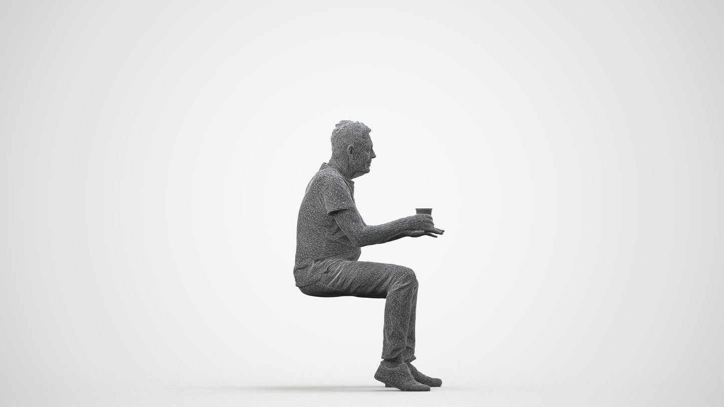 realistic 3D human senior man casual sitting, archviz people FBX OBJ for Blender, wireframe side view