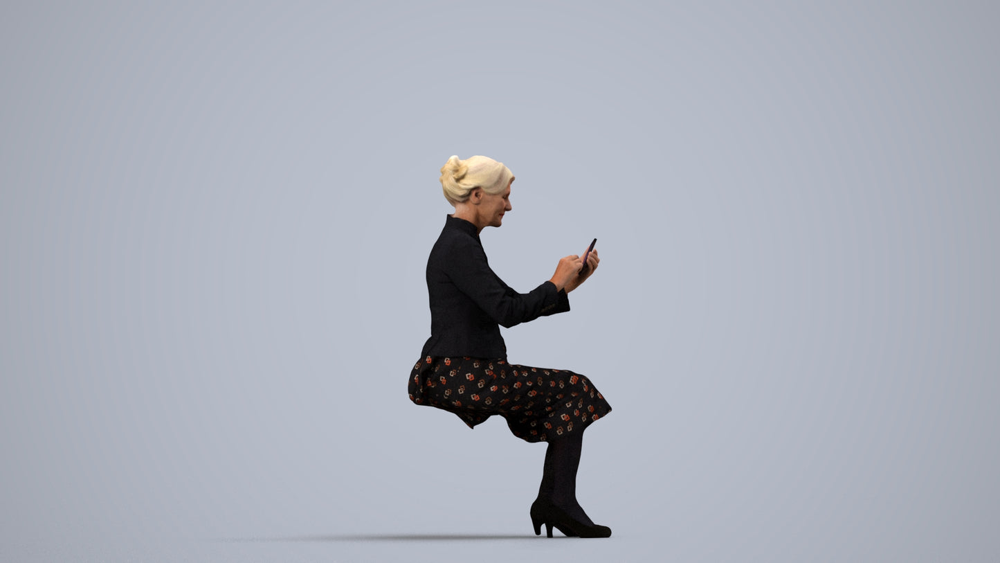 3D human model senior woman business sitting, photogrammetry scanned person for archviz, side view render