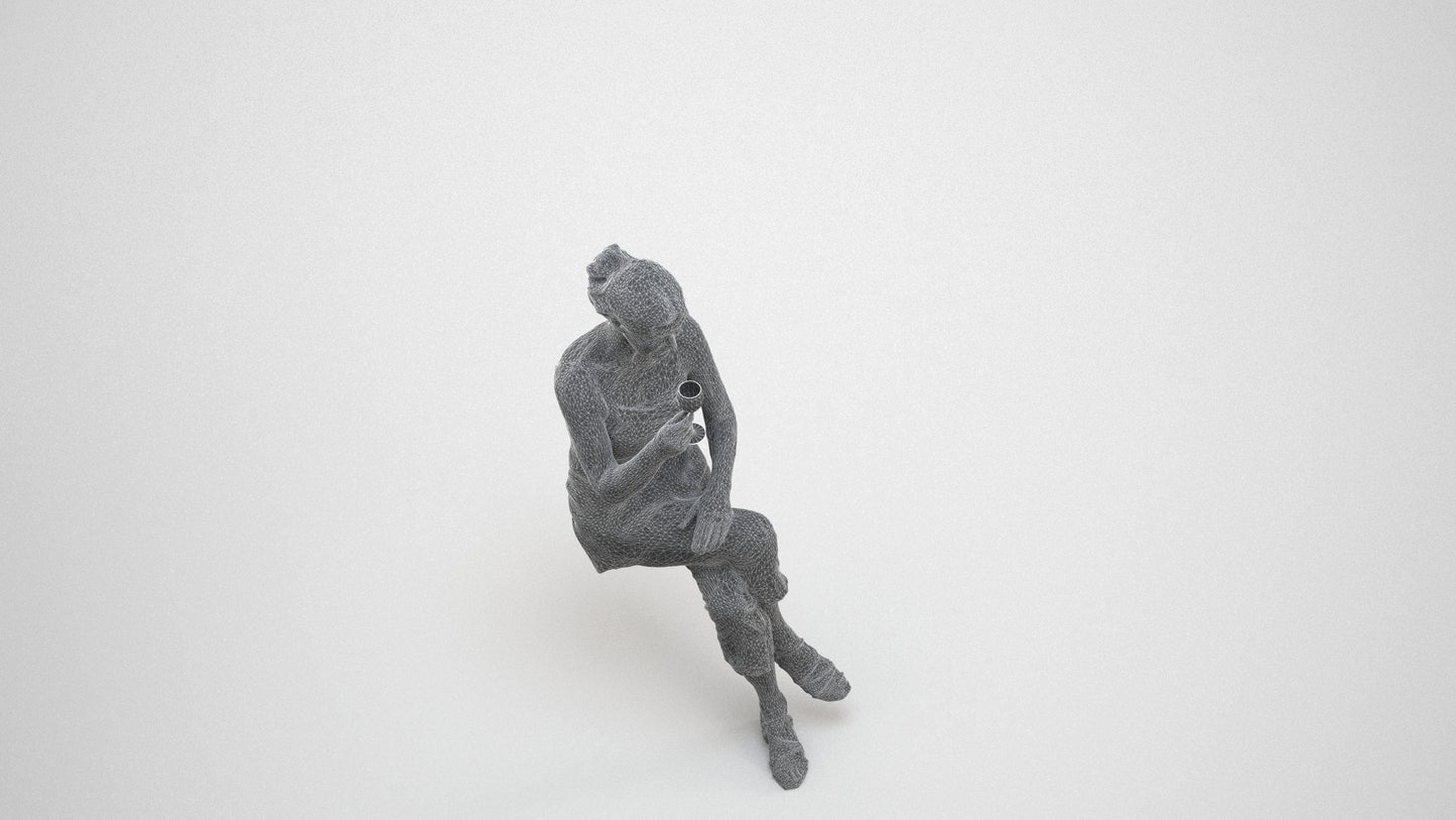 scanned 3D senior woman casual sitting, photogrammetry people for Enscape and V-Ray, wireframe three-quarter view