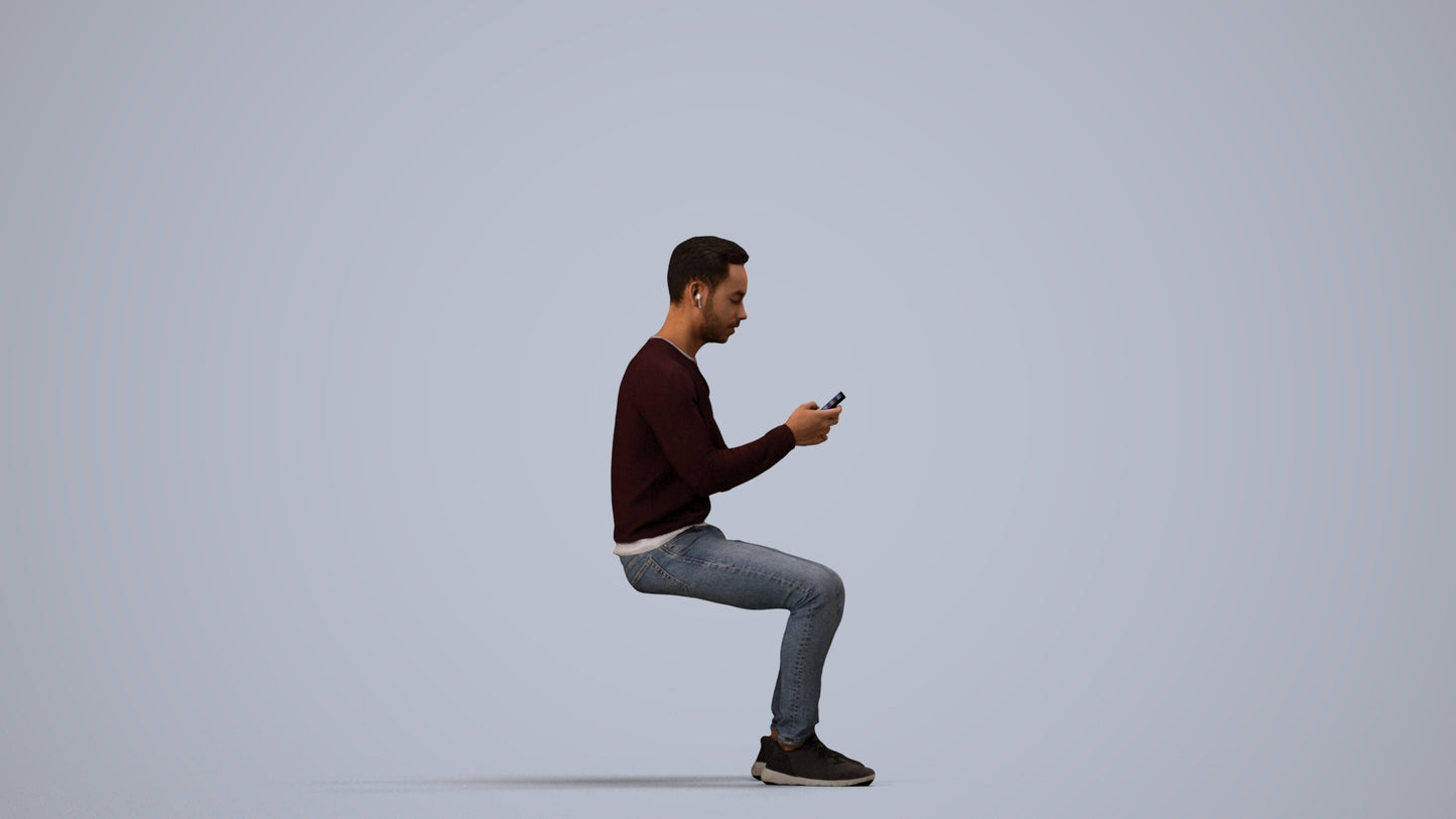 photogrammetry 3D man casual sitting, realistic human model archviz FBX, side view render