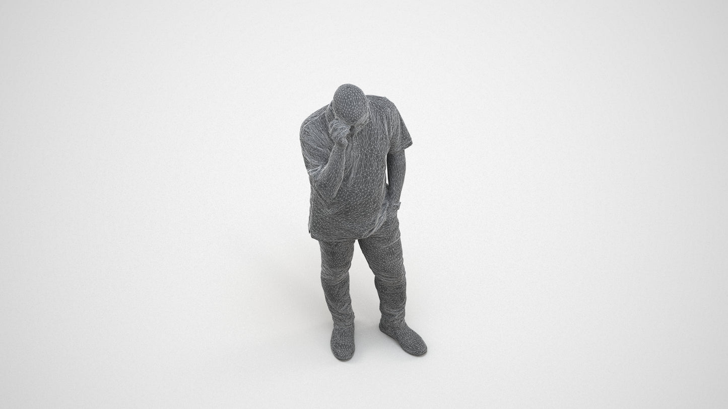 scanned 3D man casual standing, photogrammetry people for Enscape and V-Ray, wireframe three-quarter view