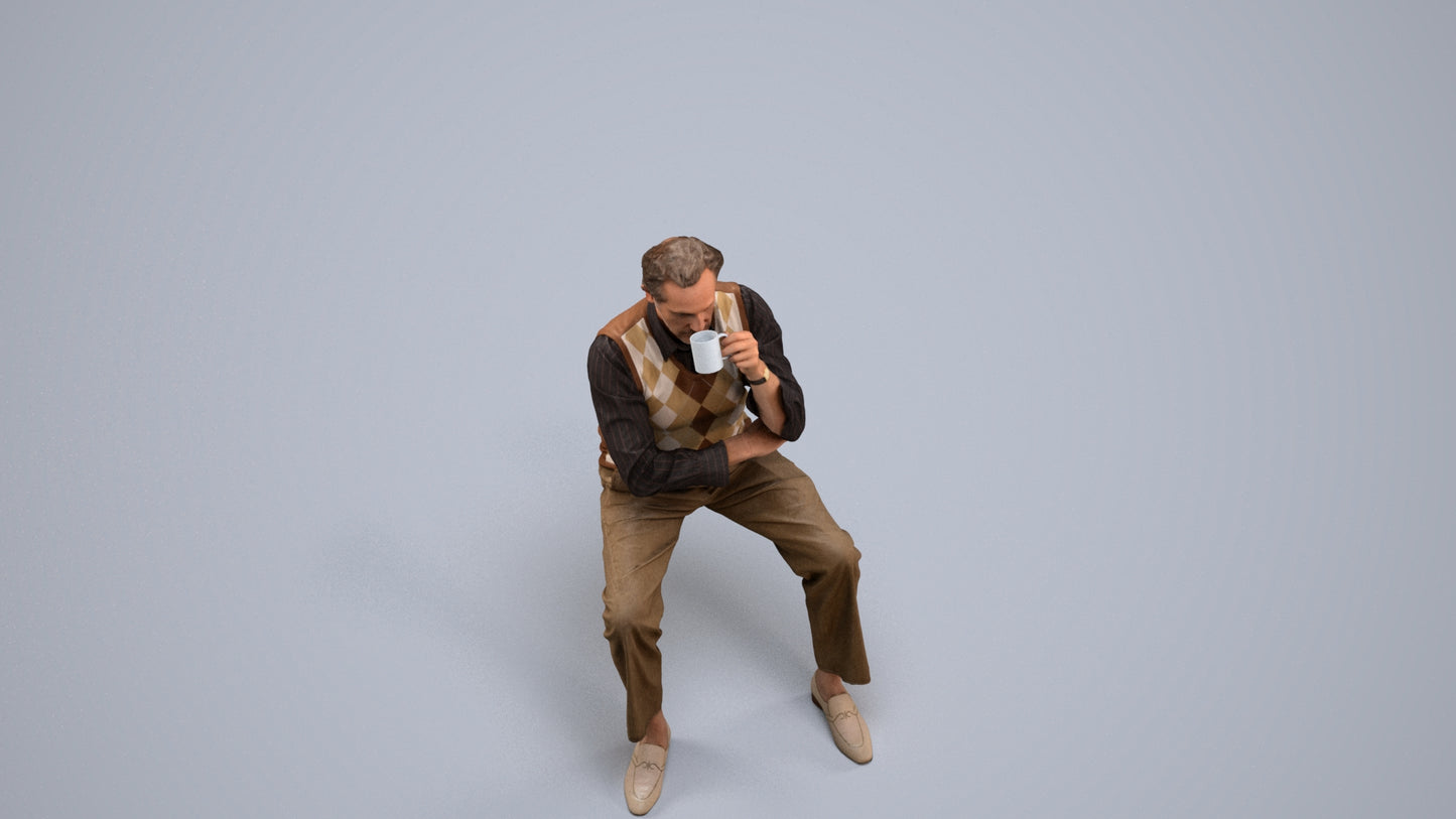 realistic 3D man business sitting, scanned archviz people for Blender and 3ds Max, back view render