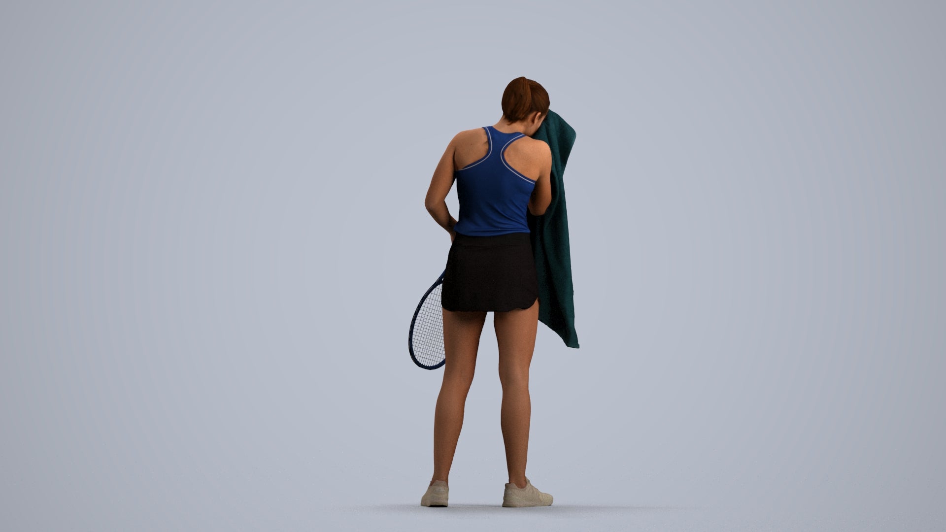 3D human model girl sport, photogrammetry scanned person for archviz, front view render