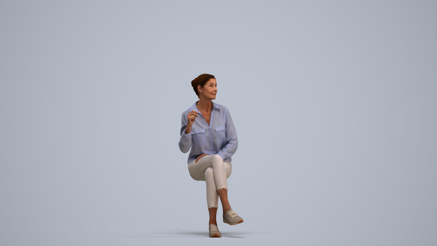 realistic 3D human senior woman casual sitting, archviz people FBX OBJ for Blender, standing pose render