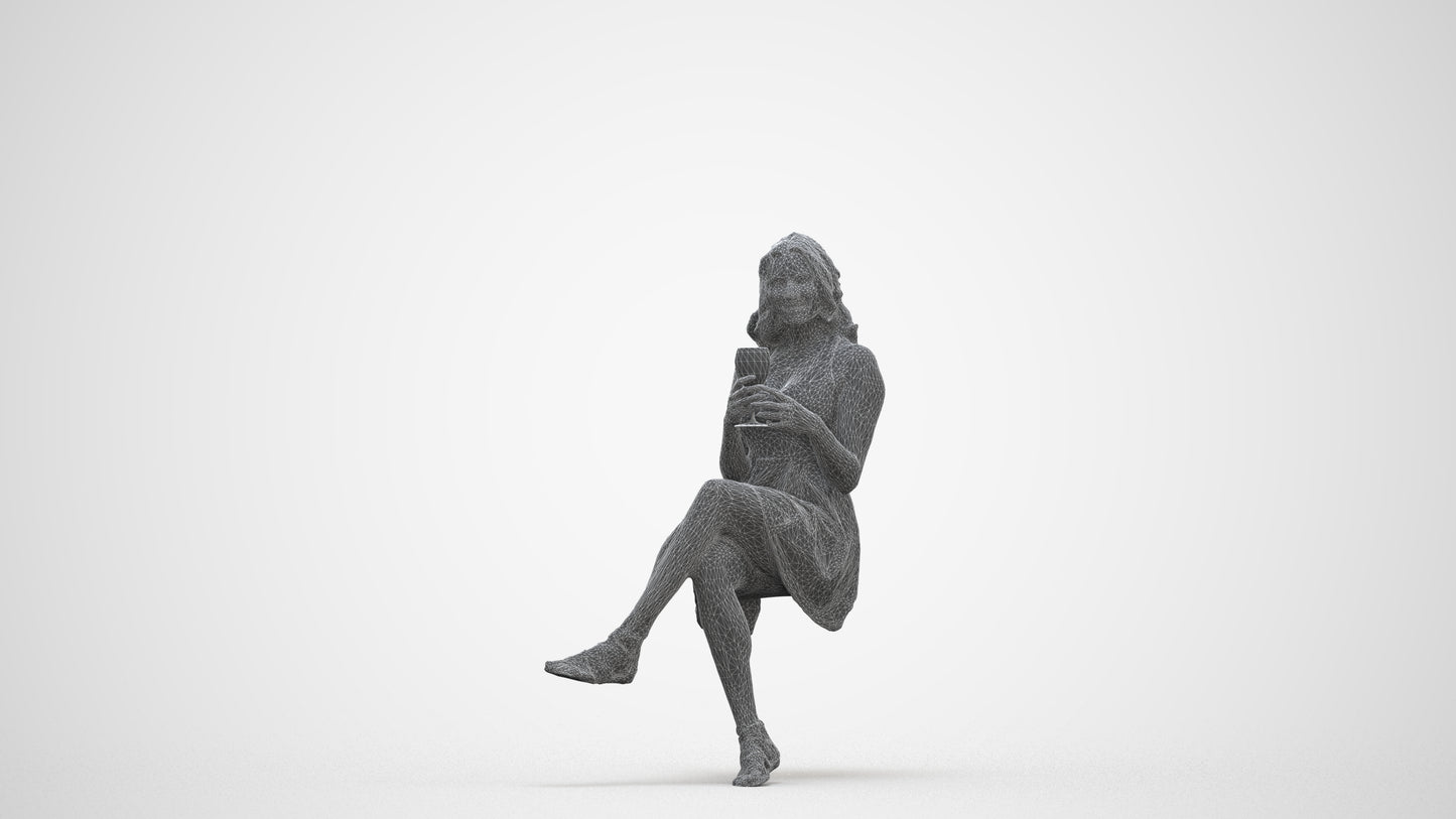 scanned 3D woman sitting, photogrammetry people for Enscape and V-Ray, three-quarter front view render