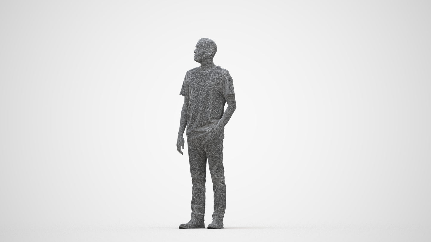 3D people model man casual standing, scanned human for 3ds Max rendering, wireframe back view