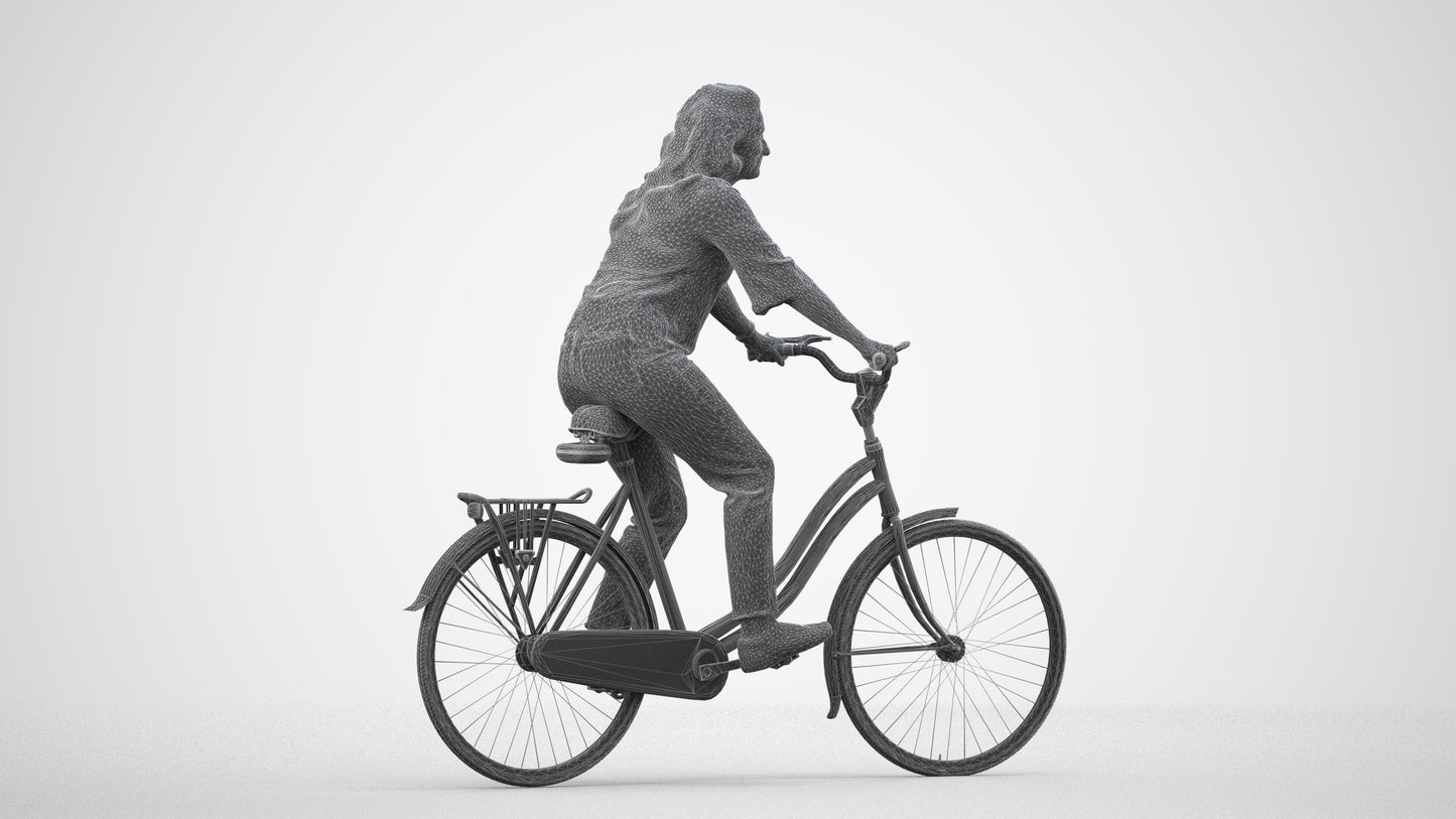 scanned 3D woman casual cycling, photogrammetry people for Enscape and V-Ray, wireframe side view
