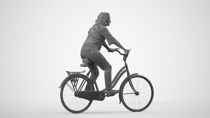 scanned 3D woman casual cycling, photogrammetry people for Enscape and V-Ray, wireframe side view