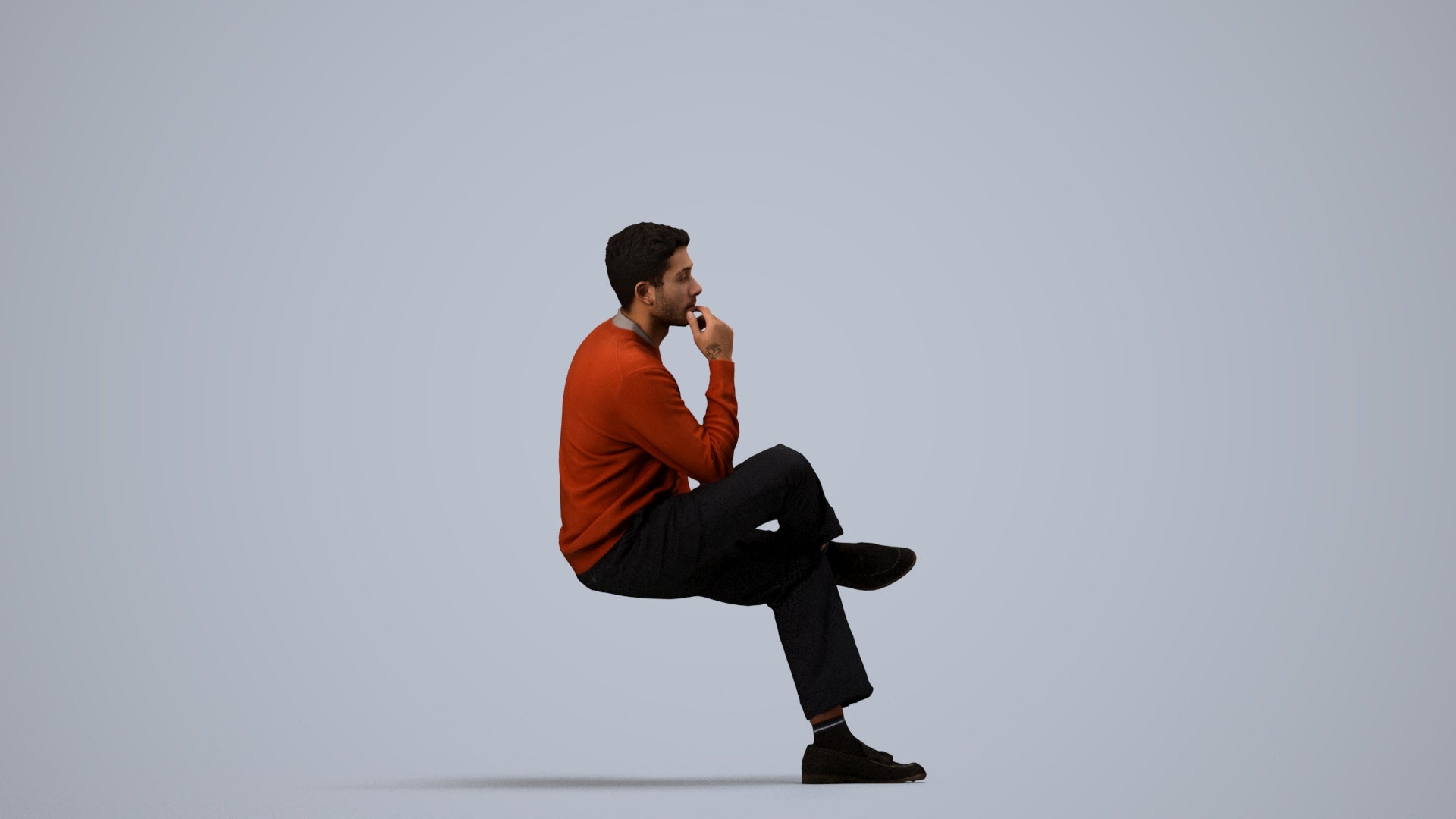3D human model man casual sitting, photogrammetry scanned person for archviz, side view render