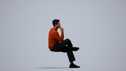 3D human model man casual sitting, photogrammetry scanned person for archviz, side view render