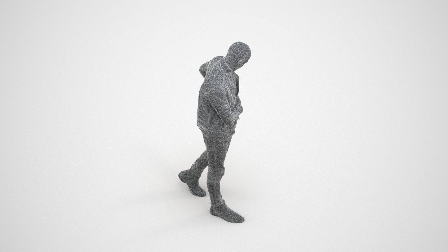 3D scanned man walking casual, photorealistic archviz people for Enscape and SketchUp, wireframe three-quarter view