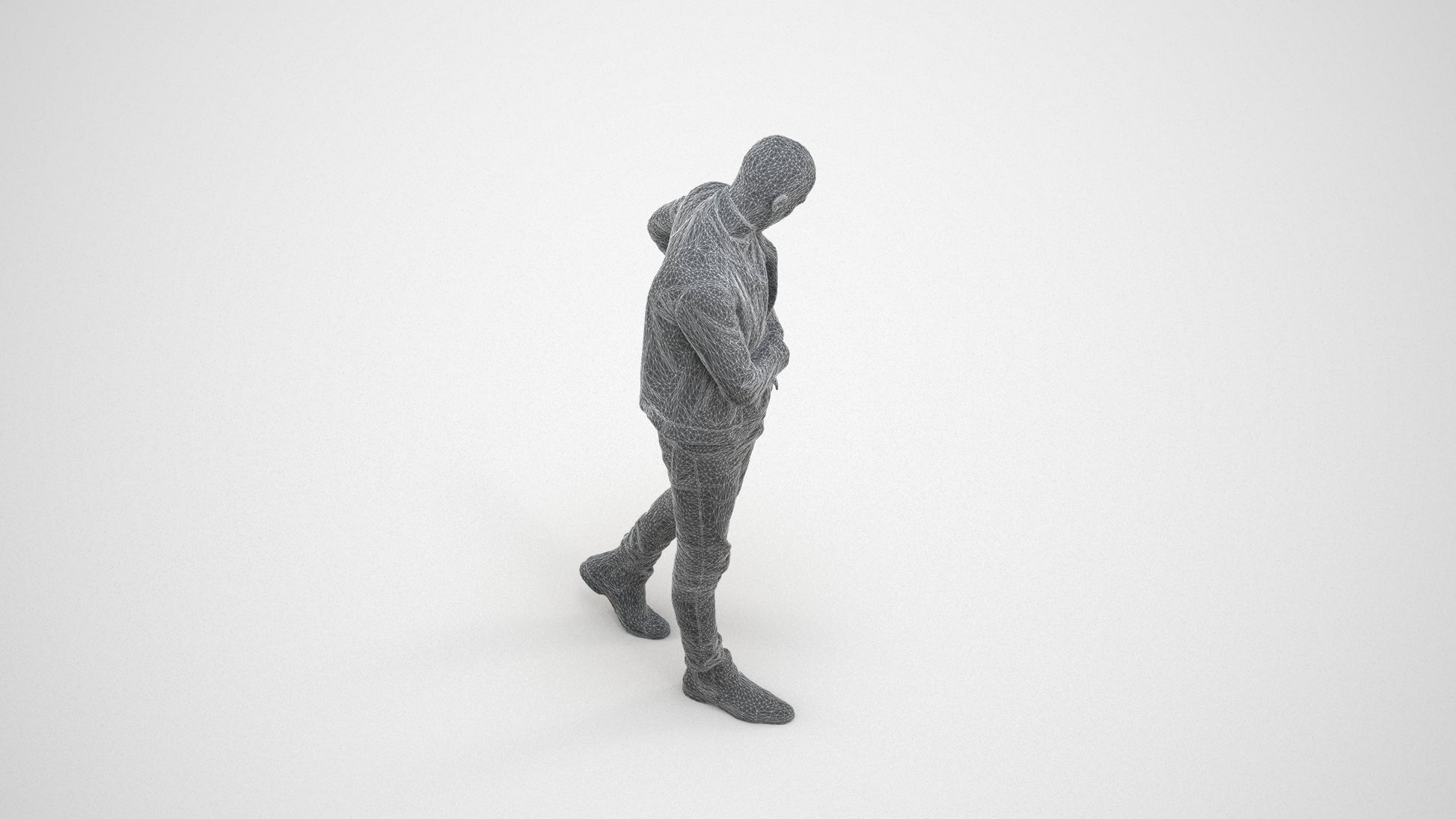 3D scanned man walking casual, photorealistic archviz people for Enscape and SketchUp, wireframe three-quarter view