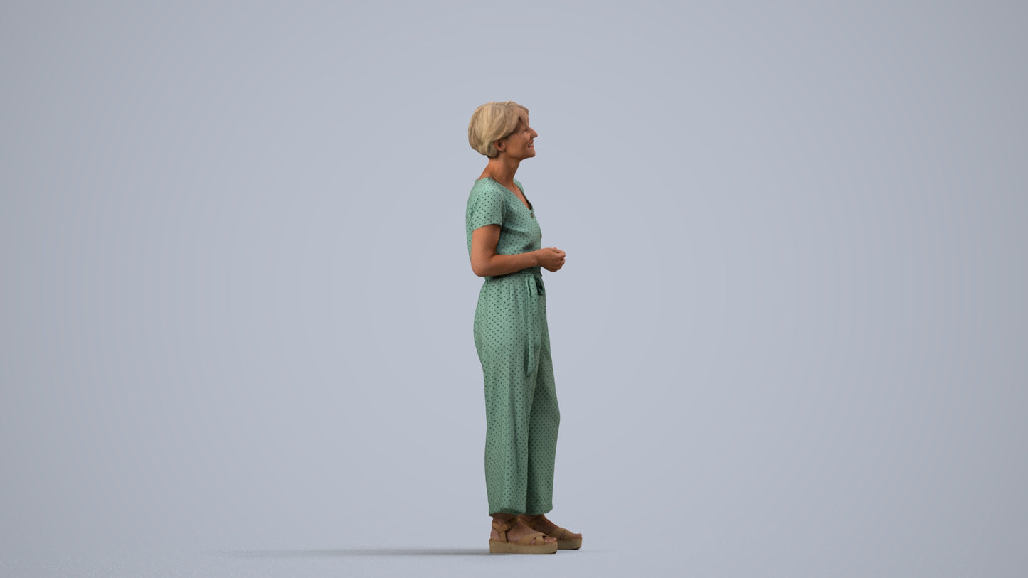 realistic 3D senior woman casual standing, scanned archviz people for Blender and 3ds Max, side view render