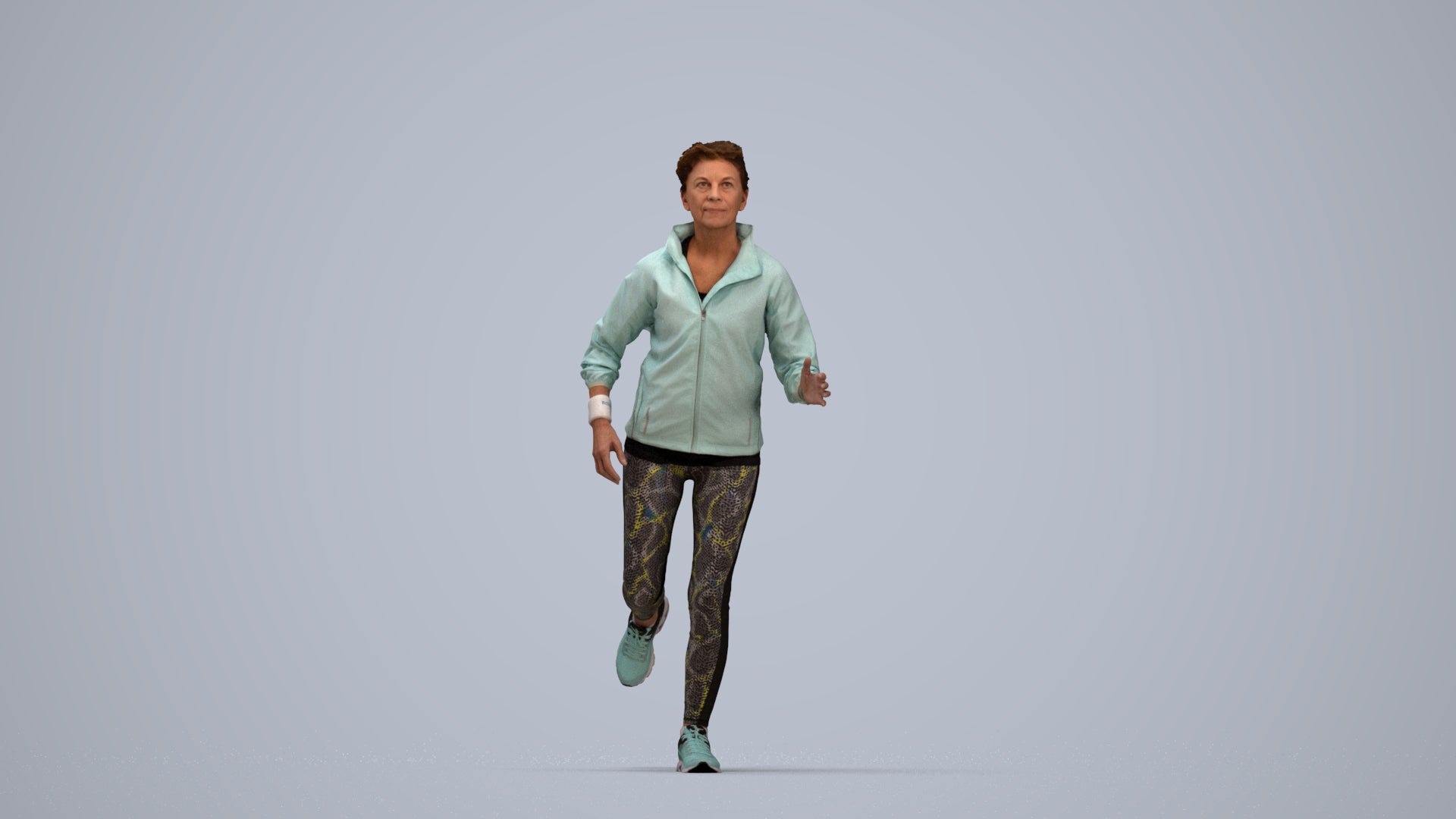 3D human model woman sport, photogrammetry scanned person for archviz, top-down view render