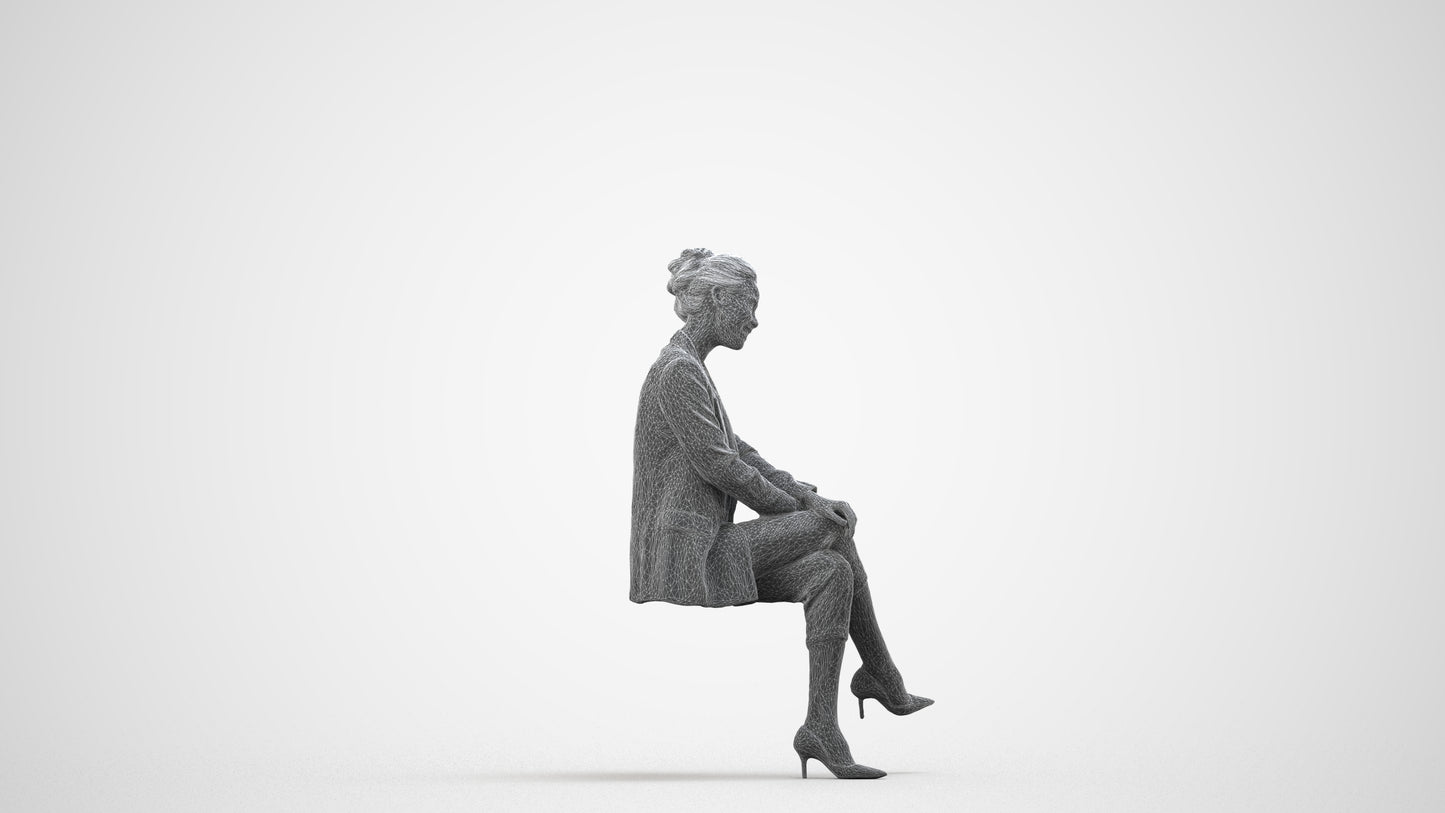 3D human model woman business sitting, photogrammetry scanned person for archviz, wireframe side view