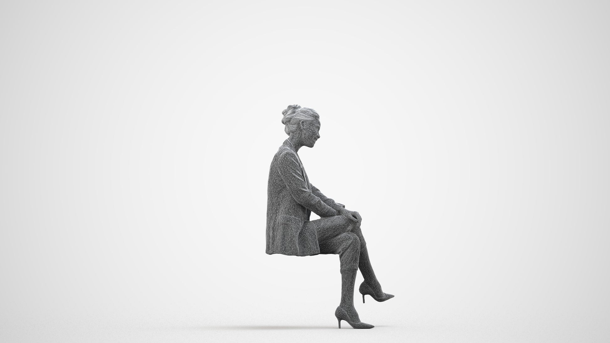 3D human model woman business sitting, photogrammetry scanned person for archviz, wireframe side view