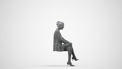 3D human model woman business sitting, photogrammetry scanned person for archviz, wireframe side view