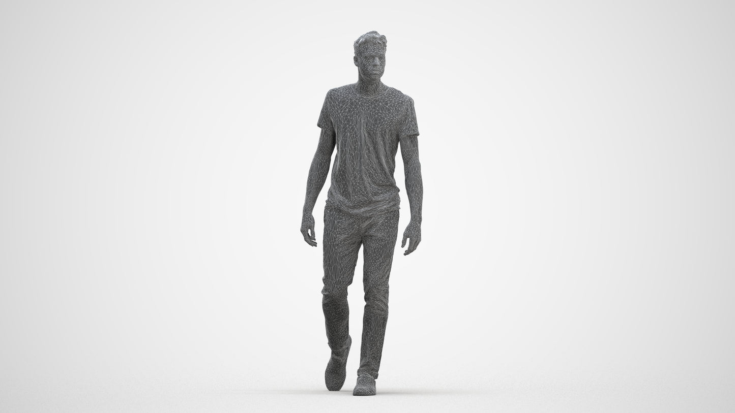 3D human model man casual walking, photogrammetry scanned person for archviz, three-quarter front view render