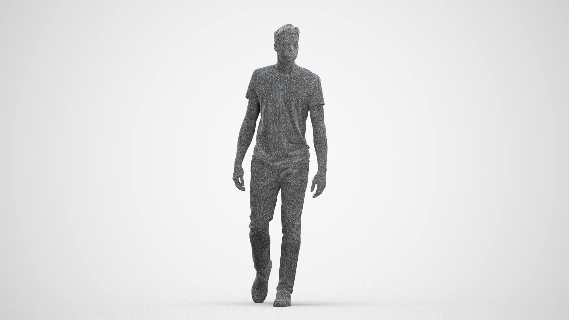 3D human model man casual walking, photogrammetry scanned person for archviz, three-quarter front view render