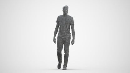 3D human model man casual walking, photogrammetry scanned person for archviz, three-quarter front view render